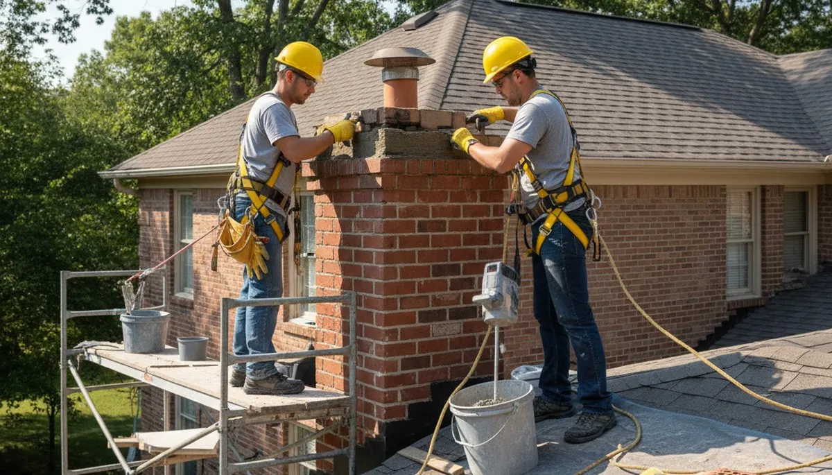 Greensboro, NC chimney repair for cracked brick, mortar, and flashing on a home exterior