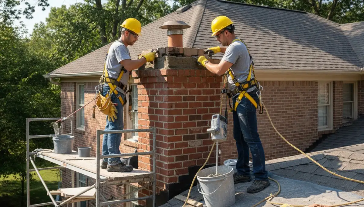 Greensboro, NC chimney repair for cracked brick, mortar, and flashing on a home exterior